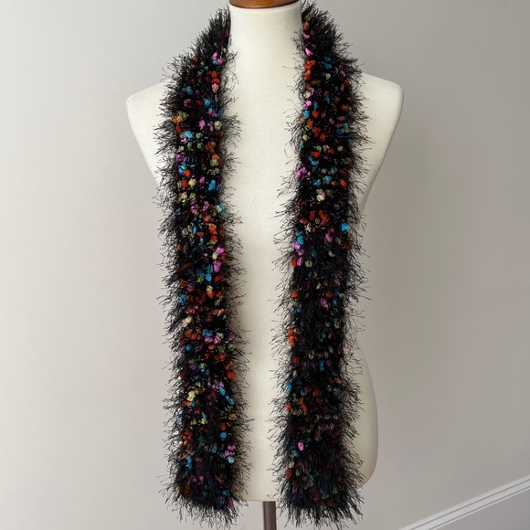 Handmade Multicolored and Black Frill Scarf 57" Long - Picture 4 of 7